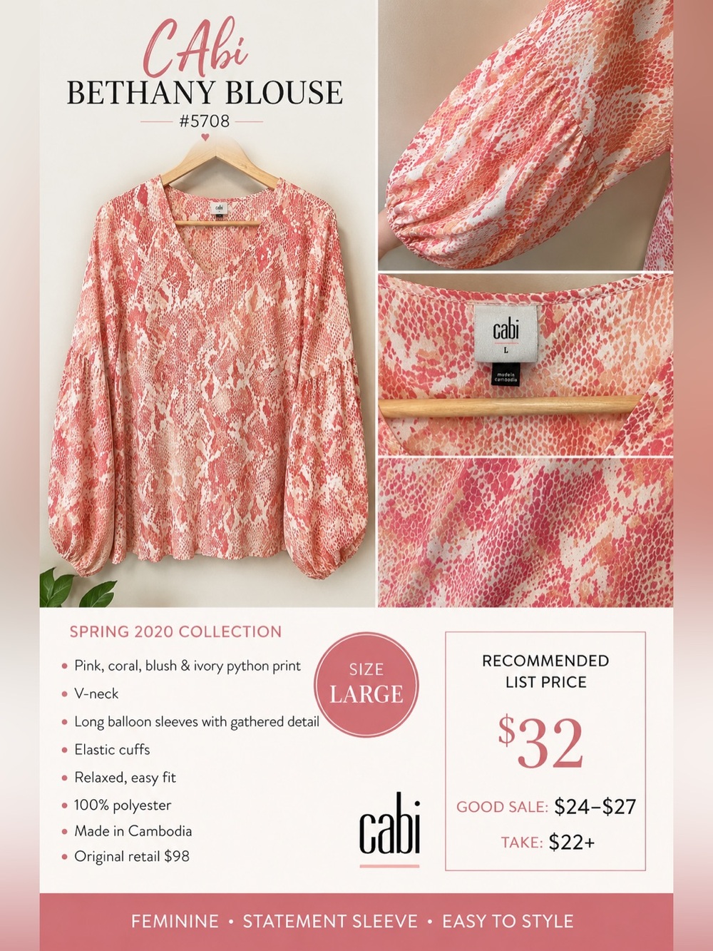 CAbi Pink & White Snake-Print V-Neck Balloon Sleeve Top